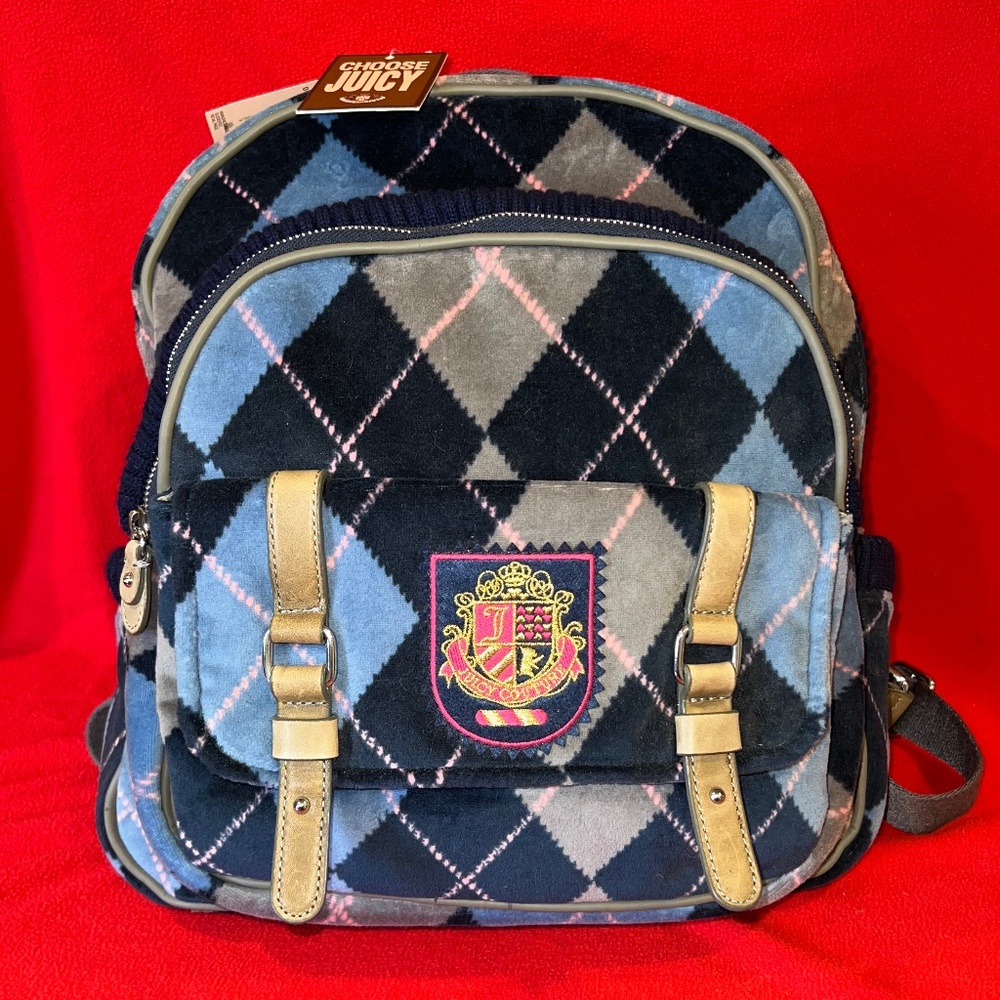 NWT JUICY COUTURE Blue Plaid Velour Regal Backpack School Book Bag Rare Vintage